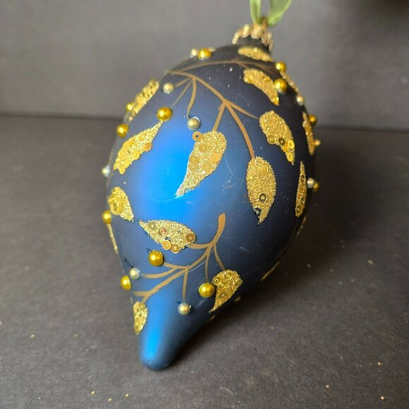 Frontgate Gold Leaf Blue Teardrop Glass Christmas Ornament Hand Decorated - Picture 5 of 8